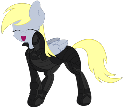 Size: 3916x3373 | Tagged: safe, artist:beigedraws, character:derpy hooves, species:pegasus, species:pony, g4, crossover, elite dangerous, eyes closed, female, folded wings, hoof on head, mare, open mouth, remlok suit, simple background, smiling, solo, transparent background, video game, wings