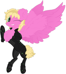 Size: 4052x4566 | Tagged: safe, artist:beigedraws, oc, oc only, unnamed oc, species:pegasus, species:pony, big wings, chest fluff, crossover, elite dangerous, female, grin, impossibly large chest fluff, looking at you, mare, one eye closed, rearing, remlok suit, simple background, smiling, solo, spread wings, tail, transparent background, video game, wings