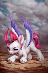 Size: 720x1080 | Tagged: safe, artist:assasinmonkey, character:zipp storm, species:pegasus, species:pony, g5, cloud, colored eyebrows, colored wings, complex background, feathered fetlocks, female, kneeling, looking sideways, mare, multicolored hair, multicolored wings, solo, spread wings, technically advanced, unshorn fetlocks, wings