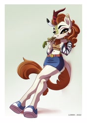 Size: 2894x4093 | Tagged: safe, alternate version, artist:lummh, character:autumn blaze, species:anthro, species:kirin, species:unguligrade anthro, g4, autumn blaze's puppet, belly button, belt, clothing, commission, crop top, crossed legs, detached sleeves, eyebrows, feather, female, gradient background, hoof shoes, horn, leonine tail, lidded eyes, looking at you, shoes, simple background, skirt, solo, tail, three quarter view