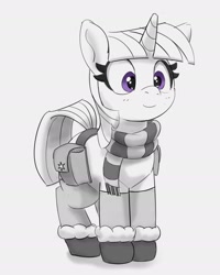 Size: 1906x2384 | Tagged: safe, artist:pabbley, character:twilight sparkle, character:twilight sparkle (unicorn), species:pony, species:unicorn, g4, boots, clothing, eyelashes, female, horn, limited color, limited palette, mare, saddle bag, scarf, shoes, smiling, solo, tail