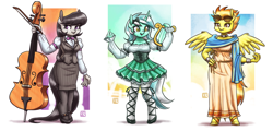 Size: 3320x1600 | Tagged: safe, artist:king-kakapo, character:lyra heartstrings, character:octavia melody, character:spitfire, species:anthro, species:earth pony, species:pegasus, species:pony, species:unguligrade anthro, species:unicorn, g4, bow tie, business suit, cello, cello bow, clothing, cute, dress, female, greek clothing, hipposandals, hoof shoes, horn, lyrabetes, lyre, mare, musical instrument, shawl, shirt, shoes, skirt, skirt suit, spread wings, stockings, suggestive source, sunglasses, tail, tavibetes, thigh highs, trio, trio female, vest, wings