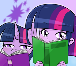 Size: 740x640 | Tagged: safe, artist:batipin, character:twilight sparkle, species:pony, species:unicorn, g4, my little pony:equestria girls, abstract background, book, cutie mark, cutie mark background, eyebrows, eyebrows visible through hair, female, gradient background, looking at you, mare, ponidox, self paradox, self ponidox