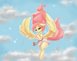 Size: 1500x1197 | Tagged: safe, artist:inkypuso, character:fluttershy, species:pegasus, species:pony, g4, alternate hairstyle, angel, clothing, cloud, cute, female, flying, mare, robe, shyabetes, sky, solo, spread wings, wings