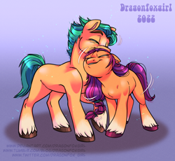 Size: 2404x2212 | Tagged: safe, artist:dragonfox_girl, character:hitch trailblazer, character:sunny starscout, species:earth pony, species:pony, ship:sunnyhitch, g5, my little pony: a new generation, blaze (coat marking), braid, coat markings, colored eyebrows, colored hooves, cute, duo, eyebrows, eyes closed, female, gradient background, high res, hitchbetes, hooves, male, mare, motion lines, shading, shadow, shipping, signature, snuggling, socks (coat marking), stallion, standing, straight, sunnybetes, tail, text, unshorn fetlocks