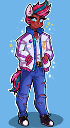 Size: 1335x2445 | Tagged: safe, artist:midoriya_shouto, character:zipp storm, species:human, species:pegasus, g5, bisexual pride flag, choker, clothing, ear piercing, earring, humanized, jacket, jewelry, necklace, piercing, pride flag, ripped pants, solo, species swap, transgender pride flag