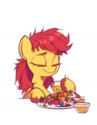 Size: 1532x1960 | Tagged: safe, artist:fanzeem, part of a set, character:apple bloom, species:earth pony, species:pony, g4, adorabloom, apple family member, blueberry, breakfast, colored eyebrows, colored hooves, cute, dishevelled, drink, eyebrows, eyes closed, female, filly, foal, food, hooves, juice, messy mane, orange juice, simple background, sleepy, smiling, solo, strawberry, three quarter view, unshorn fetlocks, waffle, whipped cream, white background, young