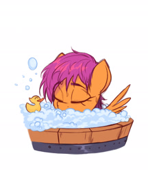 Size: 1658x1916 | Tagged: safe, artist:fanzeem, part of a set, character:scootaloo, species:pegasus, species:pony, g4, bubble, bubble bath, colored eyebrows, eyebrows, eyes closed, female, filly, foal, rubber duck, simple background, solo, toy, wet, wet mane, white background, young