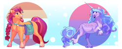 Size: 4000x1600 | Tagged: safe, artist:uunicornicc, character:izzy moonbow, character:sunny starscout, species:earth pony, species:pony, species:unicorn, ship:starbow, g5, alternate design, bag, bisexual pride flag, bracelet, coat markings, colored hooves, female, gradient hair, hooves, jewelry, lesbian pride flag, mare, multicolored hair, pride, pride flag, saddle bag, satchel, shipping, socks (coat marking), sunny's buttons, three quarter view, unshorn fetlocks