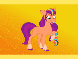 Size: 2000x1500 | Tagged: safe, artist:uunicornicc, character:sunny starscout, species:earth pony, species:pony, g5, my little pony: a new generation, my little pony: tell your tale, abstract background, braid, coat markings, colored hooves, female, hooves, mare, open mouth, raised hoof, socks (coat marking), solo, three quarter view