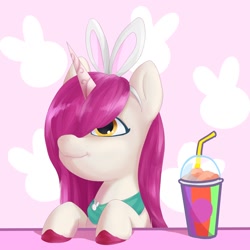 Size: 2250x2250 | Tagged: safe, artist:felldeal, character:primrose, species:pony, species:unicorn, g5, abstract background, bunny ears, colored hooves, female, hair over one eye, hooves, mare, simple background, smoothie