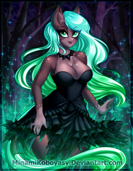 Size: 2902x3737 | Tagged: safe, artist:minamikoboyasy, oc, oc only, oc:luminessence, species:anthro, species:earth pony, g4, breasts, cleavage, clothing, commission, dress, ear fluff, earth pony oc, explicit source, eyebrows, eyebrows visible through hair, female, high res, jewelry, looking at you, mare, necklace, solo, three quarter view
