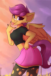 Size: 1350x2000 | Tagged: safe, artist:shadowreindeer, character:scootaloo, species:anthro, species:pegasus, g4, adorasexy, bandage, bandaid on nose, blep, breasts, busty scootaloo, cheek fluff, clothing, cropped hoodie, cute, cutealoo, devil horn (gesture), dock, ear piercing, earring, eyebrows, eyebrows visible through hair, female, jewelry, looking at you, looking back, looking back at you, mare, midriff, miniskirt, mlem, nail polish, older, older scootaloo, piercing, punk, rear view, ripped stockings, sexy, shirt, short shirt, silly, skirt, socks, solo, stockings, tattoo, thigh highs, three quarter view, tomboy, tongue out, tramp stamp, zettai ryouiki