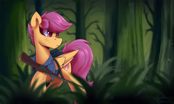 Size: 2500x1500 | Tagged: safe, artist:shadowreindeer, character:scootaloo, species:pegasus, species:pony, g4, clothing, crossover, eye clipping through hair, female, forest, gun, rifle, shirt, solo, the last of us part ii, three quarter view, weapon