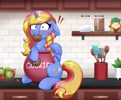 Size: 4000x3298 | Tagged: safe, artist:confetticakez, oc, oc only, species:alicorn, species:pony, g4, apple, blushing, braid, caught, cookie, cookie jar, crumbs, cute, cutie mark, ear fluff, floppy ears, food, fruit basket, horn, kitchen, kitchen counter, ocbetes, solo, spatula, spice, spoon, stealing, sweat, tail, wings, ych example