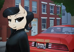Size: 4096x2896 | Tagged: safe, artist:apocheck13, oc, oc only, oc:elya, species:anthro, species:earth pony, species:pony, building, car, city, clothing, explicit source, eyebrows, eyelashes, female, jacket, leather jacket, looking at you, looking back, looking back at you, makeup, mare, mascara, pontiac trans am, ponytail, seaddle, shirt, smiling, solo