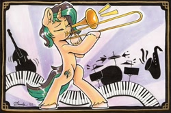 Size: 2684x1770 | Tagged: safe, artist:dandy, oc, oc only, species:pony, species:unicorn, abstract background, cello, cutie mark, cymbals, drum kit, drums, ear fluff, eyebrows, eyelashes, eyes closed, female, horns, mare, marker drawing, musical instrument, playing instrument, raffle prize, saxophone, solo, tail, traditional art, trombone, unshorn fetlocks