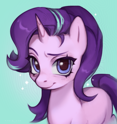Size: 3035x3215 | Tagged: safe, artist:0opspio, character:starlight glimmer, species:pony, species:unicorn, g4, colored eyebrows, eyebrows, female, green background, high res, horn, looking at you, mare, raised eyebrow, simple background, smiling, smiling at you, solo, teal background