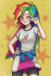 Size: 3800x5672 | Tagged: safe, artist:0opspio, character:rainbow dash, species:human, g4, my little pony:equestria girls, clothing, cute, dashabetes, female, happy, human coloration, humanized, looking at you, one eye closed, peace sign, shirt, skirt, smiling, smirk, solo, species swap, standing, t-shirt, wink, winking at you