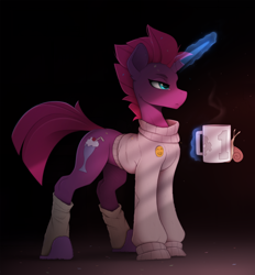 Size: 2300x2474 | Tagged: safe, artist:yakovlev-vad, character:tempest shadow, species:pony, species:unicorn, g4, my little pony: the movie (2017), augmented horn, broken horn, clothing, dark background, female, glowing, glowing eyes, glowing horn, horn, magic, magic aura, mare, mug, profile, shoes, slippers, snail, socks, solo, sweater, telekinesis