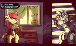 Size: 3000x1800 | Tagged: safe, artist:freak-side, character:apple bloom, character:applejack, species:earth pony, species:pony, g4, apple, apple family member, book, bookshelf, clothing, crossover, female, filly, floppy ears, food, interstellar, mare, profile, space suit, tree, young