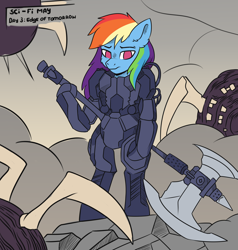 Size: 2850x3000 | Tagged: safe, artist:freak-side, character:rainbow dash, species:pegasus, species:pony, g4, armor, axe, bipedal, edge of tomorrow, eyebrows, female, looking at you, mare, no pupils, solo, weapon