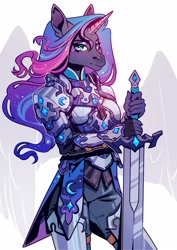 Size: 1768x2500 | Tagged: safe, artist:beracerbera, character:princess luna, species:alicorn, species:anthro, g4, abstract background, armor, ethereal wings, female, gradient mane, looking at you, mare, multicolored hair, solo, sword, three quarter view, weapon, wings