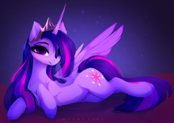 Size: 2780x1968 | Tagged: safe, artist:magnaluna, character:twilight sparkle, character:twilight sparkle (alicorn), species:alicorn, species:pony, episode:the last problem, g4, my little pony: friendship is magic, beautiful, colored hooves, cute, female, hair over one eye, high res, hooves, looking at you, lying down, majestic, mare, older, older twilight, on side, princess twilight 2.0, signature, smiling, smiling at you, solo, spread wings, three quarter view, twiabetes, unshorn fetlocks, wings