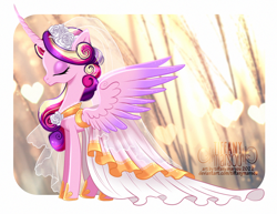 Size: 1120x866 | Tagged: safe, artist:tiffanymarsou, character:princess cadance, species:alicorn, species:pony, g4, abstract background, clothing, curved horn, dress, eyes closed, female, hoof shoes, horn, mare, profile, shoes, solo, spread wings, wedding dress, wings