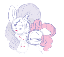 Size: 1000x900 | Tagged: safe, artist:heir-of-rick, part of a set, character:pinkie pie, character:rarity, species:earth pony, species:pony, species:unicorn, ship:raripie, g4, blushing, bust, colored, colored sketch, eyebrows, eyes closed, female, floppy ears, kissing, lesbian, profile, shipping, simple background, sketch, three quarter view, white background
