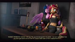 Size: 9600x5400 | Tagged: safe, artist:imafutureguitarhero, part of a set, character:sunset shimmer, character:twilight sparkle, character:twilight sparkle (alicorn), character:twilight sparkle (scitwi), species:alicorn, species:anthro, species:unicorn, ship:scitwishimmer, ship:sunsetsparkle, g4, my little pony:equestria girls, 3d, abs, accessory swap, alicornified, chips, clothing, dialogue, doritos, duo, duo female, equestria girls ponified, explicit source, female, females only, food, guitar, hug, jacket, leather jacket, leonine tail, lesbian, mare, microwave, musical instrument, pants, ponified, race swap, robot, roboticization, scitwilicorn, shipping, sitting, smiling, source filmmaker, species swap, spread wings, tail, tank top, text, winghug, wings