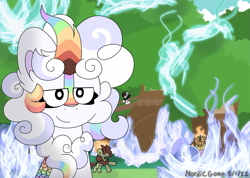 Size: 5333x3799 | Tagged: safe, artist:nordicgoat, oc, oc:cloudy canvas, species:kirin, g4, cloudy canvas looking to the right with an object behind her on fire, female, fire, forest, kirin oc, kirin village, manechat challenge, non-pony oc, signature, smug, tree