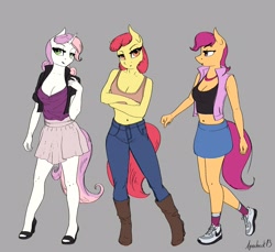 Size: 2622x2397 | Tagged: safe, artist:apocheck13, character:apple bloom, character:scootaloo, character:sweetie belle, species:anthro, species:earth pony, species:pegasus, species:plantigrade anthro, species:unicorn, g4, apple family member, belly, belly button, boots, breasts, busty apple bloom, busty scootaloo, busty sweetie belle, cleavage, clothing, concept art, crossed arms, cutie mark crusaders, explicit source, eyebrows, eyebrows visible through hair, eyelashes, female, frown, gray background, jacket, jewelry, looking at you, mare, midriff, miniskirt, necklace, older, older apple bloom, older scootaloo, older sweetie belle, pleated skirt, profile, sandals, shoes, signature, simple background, skirt, smiling, sneakers, tank top, three quarter view