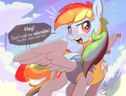 Size: 2500x1909 | Tagged: safe, artist:nookprint, character:rainbow dash, species:pegasus, species:pony, episode:wonderbolts academy, g4, my little pony: friendship is magic, blushing, clothing, cloud, cute, cutie mark, dashabetes, dialogue, eyebrows, eyelashes, female, i'm not cute, looking at you, mare, onomatopoeia, open mouth, signature, solo, speech bubble, spread wings, text, three quarter view, uniform, wings, wonderbolt trainee uniform, wonderbolts