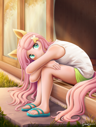 Size: 1800x2400 | Tagged: safe, artist:symbianl, character:fluttershy, species:human, g4, blushing, clothing, eared humanization, feet, female, hairpin, humanized, jewelry, looking at you, nail polish, ring, sandals, shoes, shorts, sitting, smiling, smiling at you, solo, species swap, tail, tailed humanization, tank top, toenail polish
