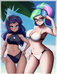 Size: 772x1000 | Tagged: safe, artist:the-park, character:princess celestia, character:princess luna, species:human, g4, beach, beautiful, beautisexy, bikini, blue sky, breasts, busty princess celestia, busty princess luna, cleavage, clothing, cutie mark, cutie mark on clothes, duo, duo female, female, humanized, outdoors, palm tree, sexy, signature, smiling, species swap, sunglasses, swimsuit, tree