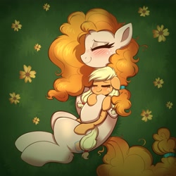 Size: 4000x4000 | Tagged: safe, artist:confetticakez, character:applejack, character:pear butter, species:earth pony, species:pony, g4, absurd resolution, apple family member, blushing, cute, cutie mark, daughter, duo, duo female, eyelashes, eyes closed, female, females only, filly, filly applejack, floppy ears, flower, freckles, grass, holiday, hug, jackabetes, lying down, mare, mother, mother and child, mother and daughter, mother's day, parent and child, pearabetes, pigtails, profile, sleeping, smiling, young, younger