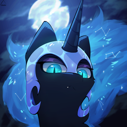 Size: 1324x1324 | Tagged: safe, artist:glazirka, character:nightmare moon, character:princess luna, species:alicorn, species:pony, g4, :<, bust, cute, cute little fangs, fangs, frown, looking at you, moon, moonabetes, portrait, sharp teeth, slit eyes, solo
