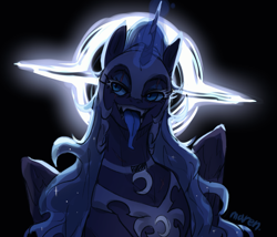 Size: 1943x1660 | Tagged: safe, artist:maren, character:nightmare moon, character:princess luna, species:alicorn, species:pony, g4, accretion disk, alternate universe, armor, black background, black hole, crown, ethereal mane, eyelashes, fangs, female, full face view, galaxy mane, glowing, glowing horn, helmet, horn, jewelry, long tongue, looking at you, looking sideways, magic, mare, open mouth, regalia, sharp teeth, signature, simple background, slit eyes, solo, tongue out