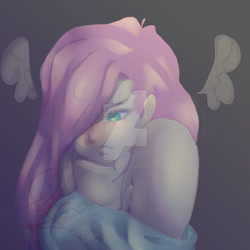 Size: 1280x1280 | Tagged: safe, artist:radomartxx01, character:fluttershy, species:human, g4, my little pony:equestria girls, blushing, bust, clothing, deviantart watermark, female, floating wings, frown, gradient background, hair over one eye, humanized, looking away, looking down, obtrusive watermark, off shoulder, portrait, solo, species swap, watermark, wings