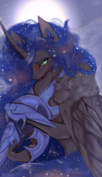 Size: 1920x3342 | Tagged: safe, artist:radomartxx01, character:nightmare moon, character:princess luna, species:alicorn, species:pony, g4, armor, blushing, commission, ethereal mane, female, helmet, mare, moon, night, profile, signature, sky, solo, stars, wallpaper