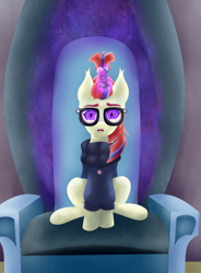 Size: 1558x2113 | Tagged: safe, artist:moonlightrift, character:moondancer, species:pony, species:unicorn, g4, castle of the royal pony sisters, chair, glowing eyes, indoors, magic, moonlight, solo, throne, throne room