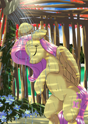 Size: 1024x1449 | Tagged: safe, artist:neoshrek, character:fluttershy, species:pegasus, species:pony, g4, bipedal, eyebrows, eyes closed, female, floppy ears, mare, profile, shower, showering, smiling, solo, standing on two hooves, wings