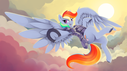 Size: 3840x2160 | Tagged: safe, artist:dimfann, character:rainbow dash, species:pegasus, species:pony, g4, armor, cloud, female, flying, horseshoes, looking at you, mare, open mouth, redraw, sky, solo, spread wings, sun, underhoof, wallpaper, wings