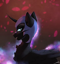 Size: 3000x3200 | Tagged: safe, artist:skitsroom, character:nightmare moon, character:princess luna, species:alicorn, species:pony, g4, armor, chest fluff, curved horn, eyebrows, fangs, female, horn, looking at you, mare, profile, sharp teeth, signature, solo, wing fluff, wings