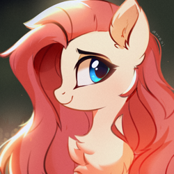 Size: 1130x1130 | Tagged: safe, artist:aureai, character:fluttershy, species:pegasus, species:pony, g4, bust, chest fluff, cute, dawwww, ear fluff, female, fluffy, happy, long mane, looking at you, looking back, mare, portrait, profile, shyabetes, signature, smiling, solo