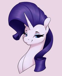 Size: 2109x2582 | Tagged: safe, artist:aquaticvibes, character:rarity, species:pony, species:unicorn, g4, bust, eyebrows, eyelashes, female, horn, lidded eyes, looking at you, mare, portrait, purple background, simple background, smiling, solo
