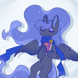 Size: 2048x2048 | Tagged: safe, artist:qamar, character:princess luna, species:alicorn, species:pony, g4, book, clothing, cute, ear fluff, ethereal mane, eyebrows, eyelashes, eyes closed, eyeshadow, female, galaxy mane, lunabetes, lying down, makeup, mare, scarf, simple background, solo, spread wings, wings