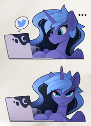 Size: 2210x3045 | Tagged: safe, artist:yakovlev-vad, character:princess luna, species:alicorn, species:pony, g4, ..., 2 panel comic, angry, cheek fluff, comic, computer, computer reaction faces, constellation, cute, eyebrows, eyebrows visible through hair, female, front view, frown, full face view, horn, laptop computer, looking at you, madorable, mare, meta, mug, reaction image, s1 luna, seriously, simple background, solo, three quarter view, twitter, unamused, white background