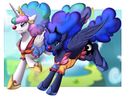 Size: 3217x2527 | Tagged: safe, artist:pridark, character:princess celestia, character:princess luna, species:alicorn, species:pony, episode:the cutie re-mark, g4, my little pony: friendship is magic, afro, alternate timeline, chaotic timeline, clothing, clown, clown celestia, clown luna, clown nose, crown, ear fluff, female, floppy ears, high res, hoof shoes, jewelry, majestic as fuck, mare, red nose, regalia, royal sisters, scene interpretation, shoes, siblings, sisters, three quarter view, wings